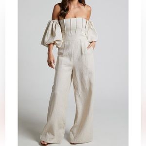 Showpo AMALIE THE LABEL - KHAILA LINEN OFF SHOULDER PUFF SLEEVE JUMPSUIT IN SAND